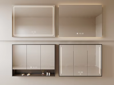 Modern Framed Bathroom Mirrors With LED Lighting Digital Clock And Storage Design 3d model