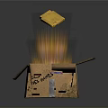 Open Cardboard Box With Flying Golden Object And Bright Light Effects