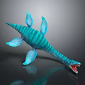 Turquoise Green Striped Plesiosaur 3D Render With Long Neck Blue Flippers And Open Mouth