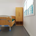 Simple Bedroom Interior With Wooden Bed Desk Chair Cabinet Plants Large Window And City View