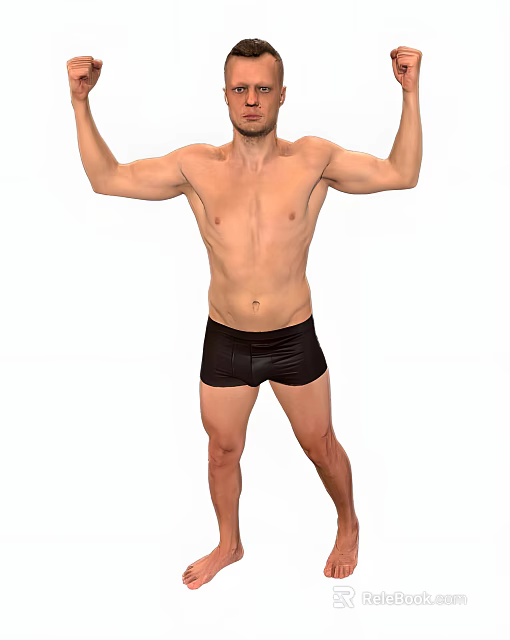 Shirtless Muscular Man in Black Shorts Raising Arms to Showcase Fit Physique 3d model 