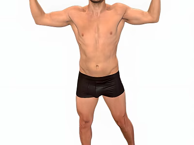 Shirtless Muscular Man in Black Shorts Raising Arms to Showcase Fit Physique 3d model