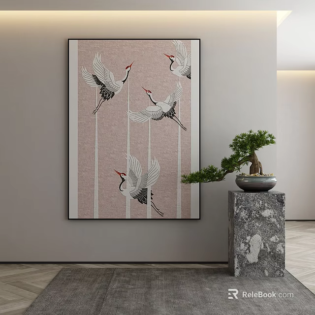 Abstract Painting With Cranes In Modern Interior 3d model