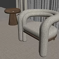 Beige Textured Single Sofa with Curved Armrests Wooden Legs on Neutral Rug and Side Table