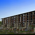 Modern Mid Rise Residential Building With Balconies Stone Wood Elements And Green Garden Area