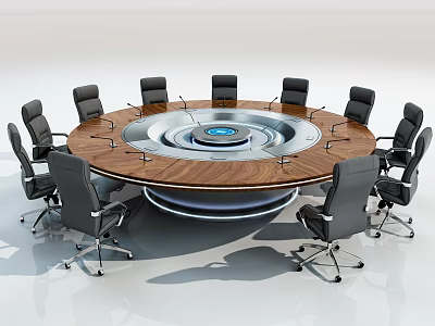 Modern Round Conference Table With Wooden Top Silver Center And Black Chairs 3d model