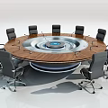 Modern Round Conference Table With Wooden Top Silver Center And Black Chairs