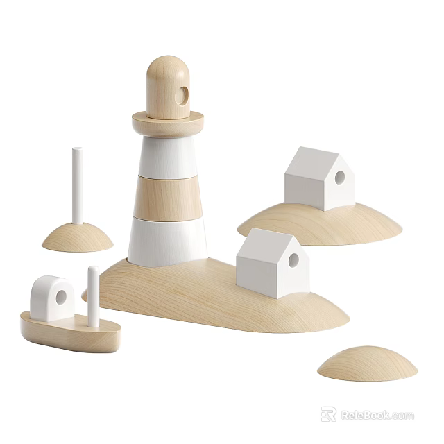 Wooden Building Blocks Toy Set Featuring Lighthouse Small Houses Boat Island Base And White Colors 3d model 