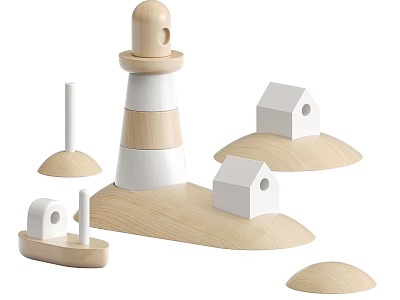 Wooden Building Blocks Toy Set Featuring Lighthouse Small Houses Boat Island Base And White Colors 3d model