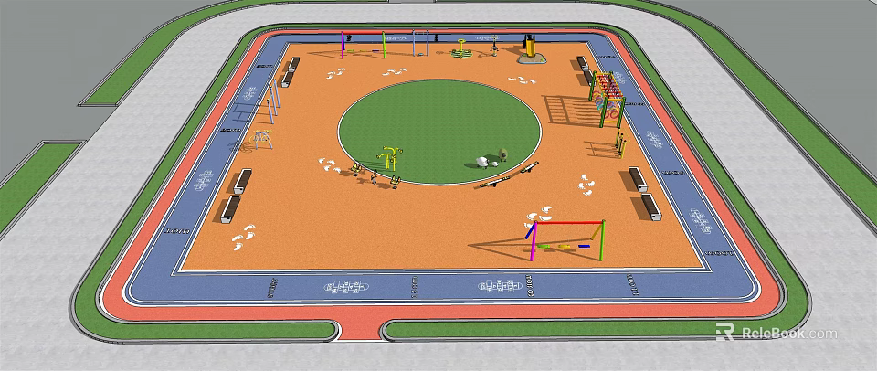 Outdoor Fitness Area With Circular Green Space Orange Ground Exercise Equipment And Footprint Markers 3d model 