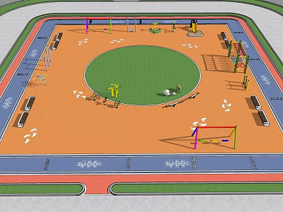 Outdoor Fitness Area With Circular Green Space Orange Ground Exercise Equipment And Footprint Markers 3d model