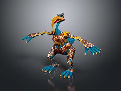 Fantasy Character Mechanical Bird Creature With Blue Gold Ornate Wings Claws Metallic Texture 3d model