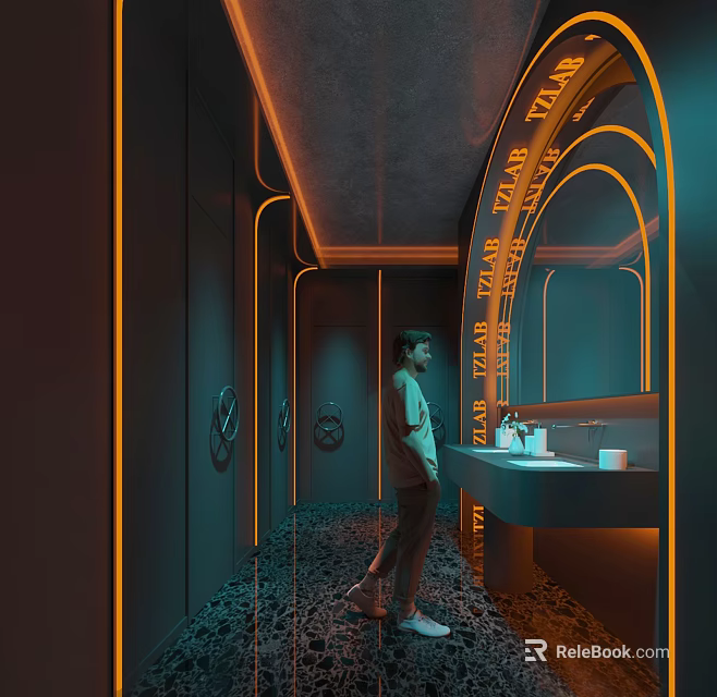 Modern Elegant Public Restroom Featuring Neon Lights Mirrors Washbasin Dark Walls And Metal Accents 3d model 