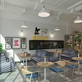 Modern Milk Tea Shop Interior With Bar Counter Tables Chairs Shelves And Lighting