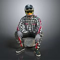 Game Movie Character in Black White Checkered Jumpsuit with Helmet and Goggles Sitting on Rock