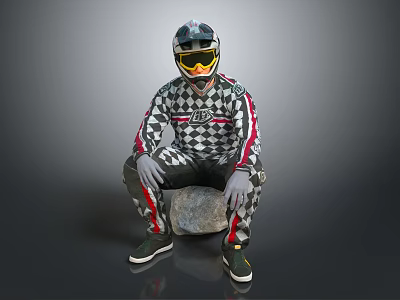Game Movie Character in Black White Checkered Jumpsuit with Helmet and Goggles Sitting on Rock 3d model