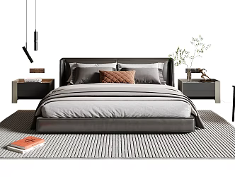 Modern Italian Double Bed Leather Double Bedside Cabinet Chandelier Carpet 3d model