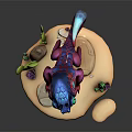 Vibrant Fantasy Creature With Purple Pink Body Green Eyes On Sandy Base With Small Cactus