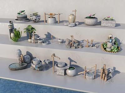 Various Garden Ornaments Including Stoneware Planters Wooden Decor And Small Water Features 3d model