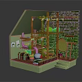 Whimsical Cartoon Room with Green Brick Wall Wooden Shelves Ladder and Mirror