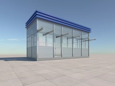 Modern Security Booth With Blue Roof Glass Walls And Metal Structure 3d model
