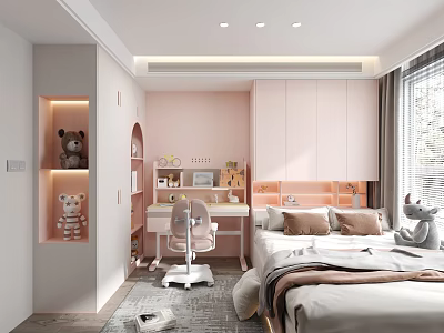 Modern Cozy Pink Tatami Bedroom With Desk Chair Bookshelf And Stuffed Toys 3d model