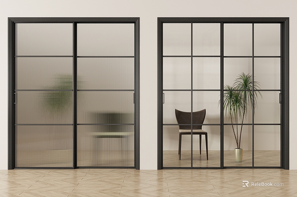 Sliding Glass Doors With Modern Black Frames For Open Kitchen Interior Design 3d model 