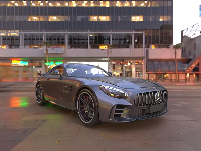Silver Mercedes Sports Car Parked On City Street With Tall Buildings And Neon Lights 3d model