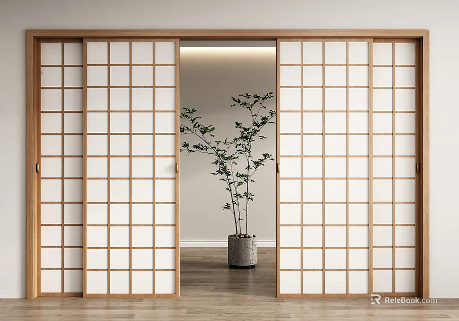 Partially Open Sliding Doors with Wooden Frame White Lattice Glass Green Plant and Wooden Floor 3d model 