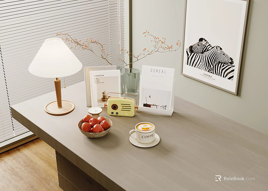 Elegant Tabletop Decorative Ornament Combination With Wooden Lamp Glass Vase Branches Radio And Fruit Bowl 3d model 