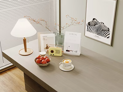Elegant Tabletop Decorative Ornament Combination With Wooden Lamp Glass Vase Branches Radio And Fruit Bowl 3d model