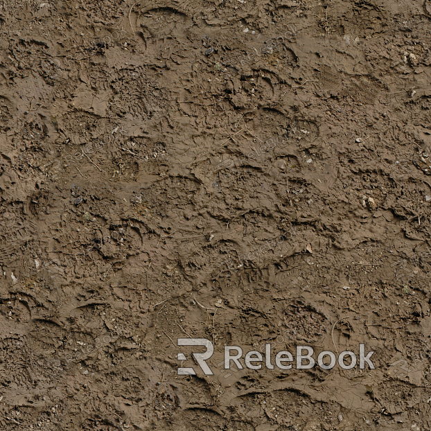 The image depicts a vast, wet mud ground, characterized by its dark, rich color and textured surface, dotted with small puddles reflecting the sky.