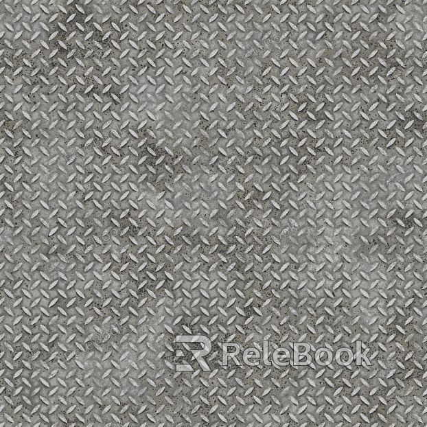 Diamond plate, characterized by its distinctive raised diamond pattern on a metallic surface, typically used for slip-resistant flooring or decorative elements in industrial design.