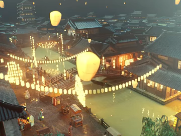 Warm yellow ancient wind water village night scene movie scene texture (ID:ffaeh574589)