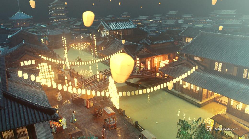 Warm yellow ancient wind water village night scene movie scene texture
