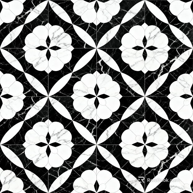 Modern Middle Ancient Style Black and White Stone Parquet Flower Geometric Pattern Water Knife Stone Parquet Floor Tile Light Luxury Black and White Parquet Marble texture