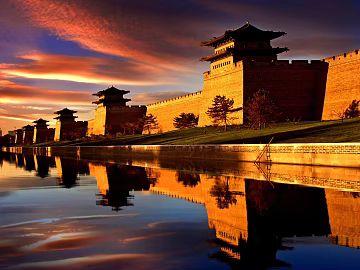 Chinese-style ancient city wall riverside exterior view texture (ID:ffaeh549232)