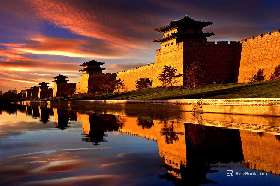 Chinese-style ancient city wall riverside exterior view texture