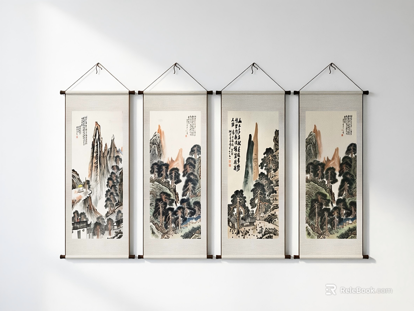 Chinese Landscape Quadruple Hanging Painting texture