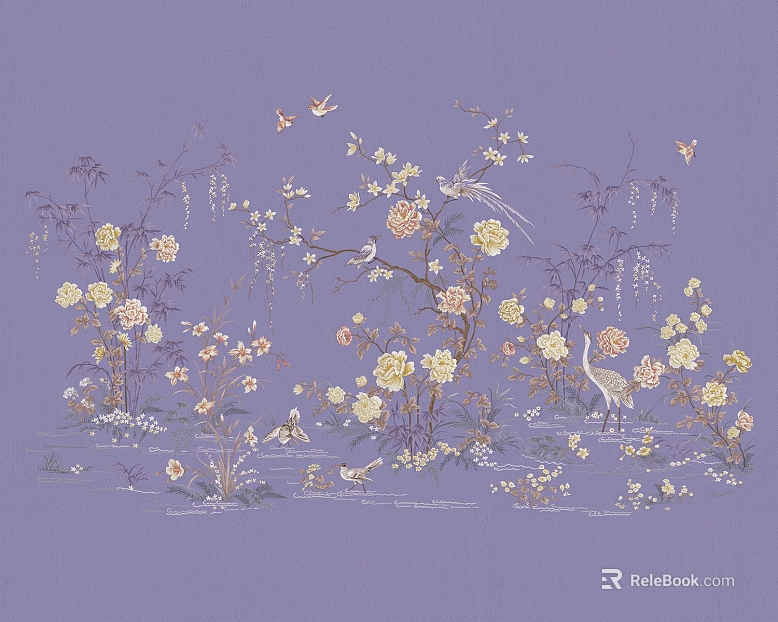 New Chinese Purple Flower and Bird Pattern Wallpaper texture