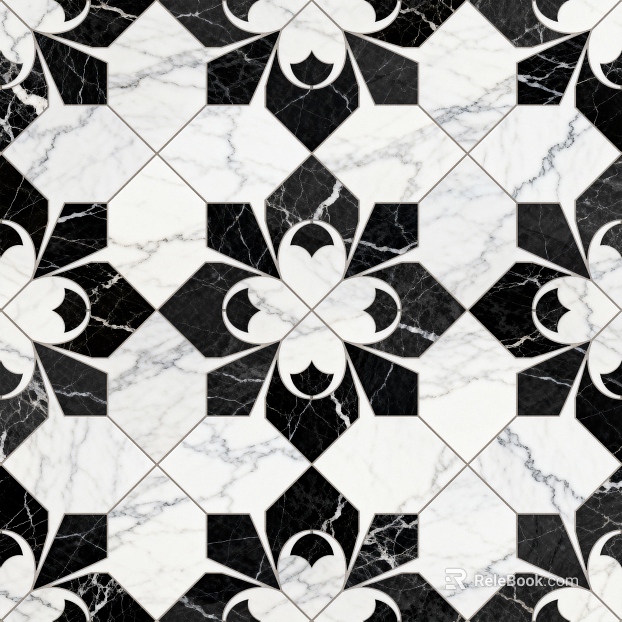 Modern Simple Antique Black and White Stone Parquet Flower Geometric Pattern Water Knife Cut Parquet Floor Tile Light Luxury Black and White Parquet Marble texture