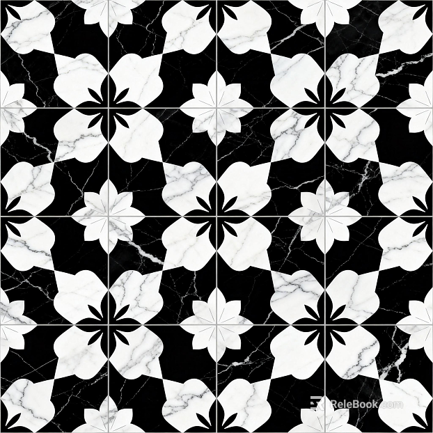 Modern Middle Ancient Style Black and White Stone Parquet Flower Geometric Pattern Water Knife Stone Parquet Floor Tile Light Luxury Black and White Parquet Marble texture