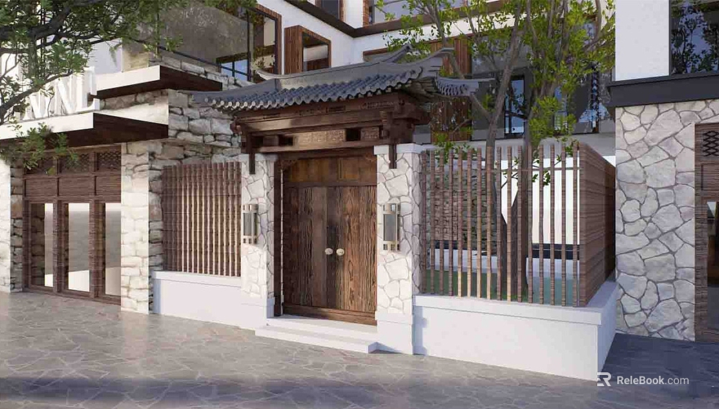 New Chinese Style Dark Brown Wooden Door Courtyard Entrance texture
