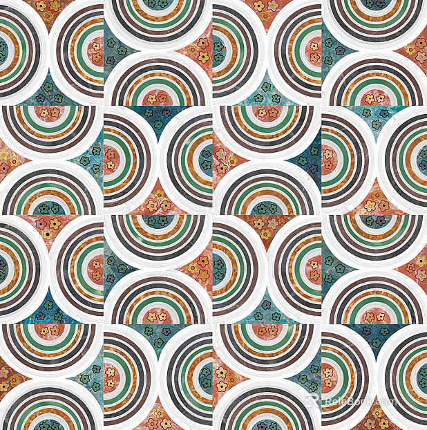 Colorful concentric circle fan-shaped marble water-knife mosaic floor tile texture