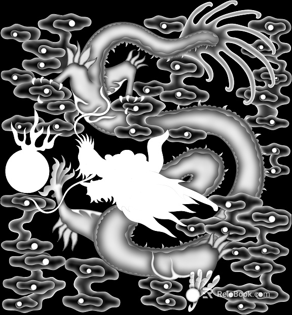 Dragon and phoenix bas-relief, black and white, raised and recessed texture