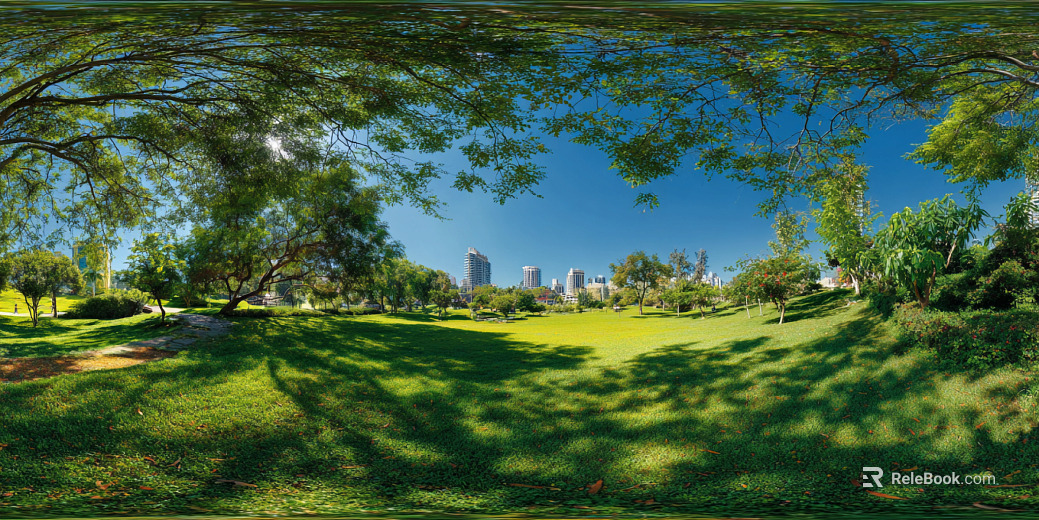 HDR blue sky white clouds lawn forest landscape panorama texture