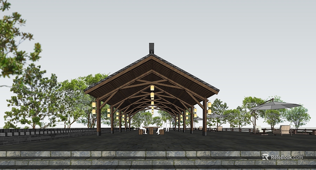 Chinese Deep Brown Wooden Pavilion Outdoor Leisure Area texture