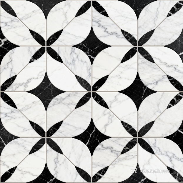 Modern Middle Ancient Style Black and White Stone Parquet Flower Geometric Pattern Water Knife Stone Parquet Floor Tile Light Luxury Black and White Parquet Marble texture