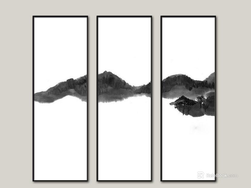 New Chinese Style Black and White Landscape Triple Decorative Painting texture