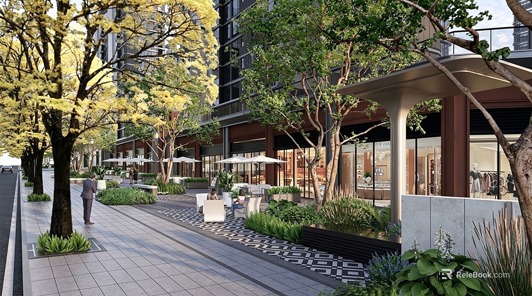 Exterior view of modern urban shops and streets texture